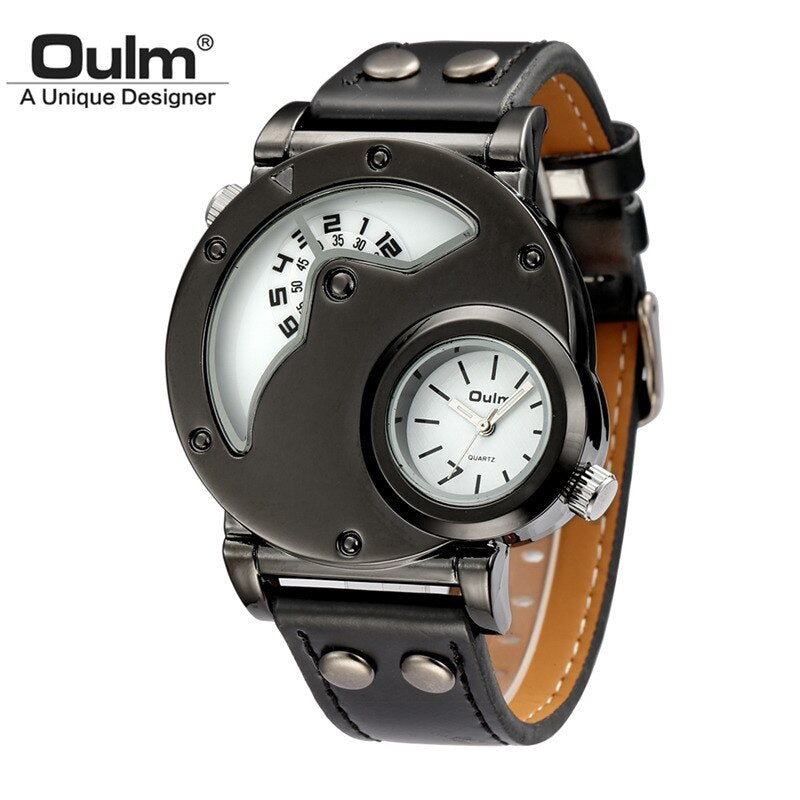 Oulm-reloj deportivo de lujo para hombre, cronógrafo de cuarzo con doble horario, de cuero, informal