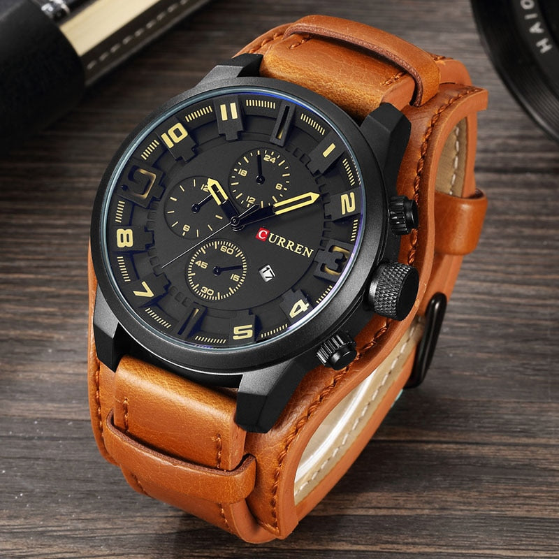 Curren-reloj analógico con correa de cuero para hombre, accesorio de pulsera de cuarzo resistente al agua con calendario, complemento Masculino deportivo de marca de lujo con diseño militar, 8225