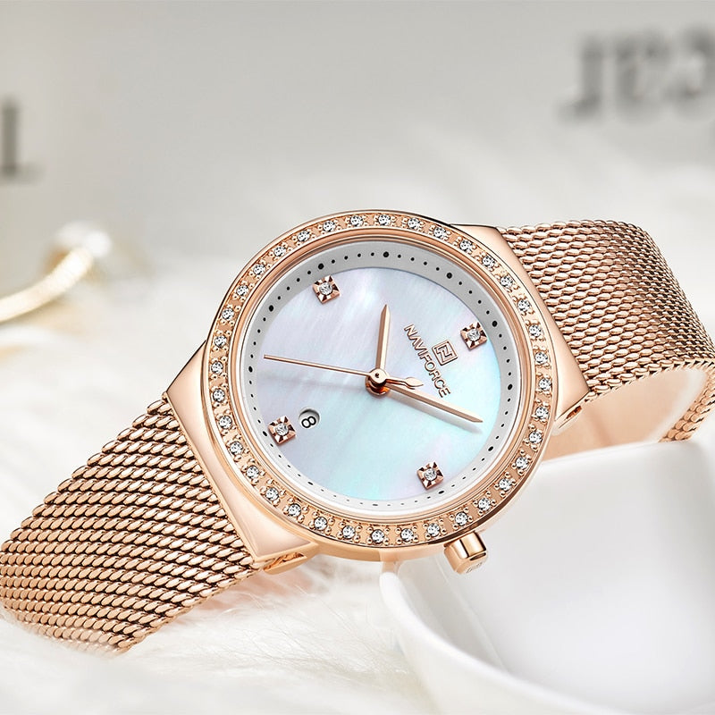 NAVIFORCE-Reloj de lujo con diamantes de imitación para mujer, pulsera de cuarzo resistente al agua con fecha, femenino