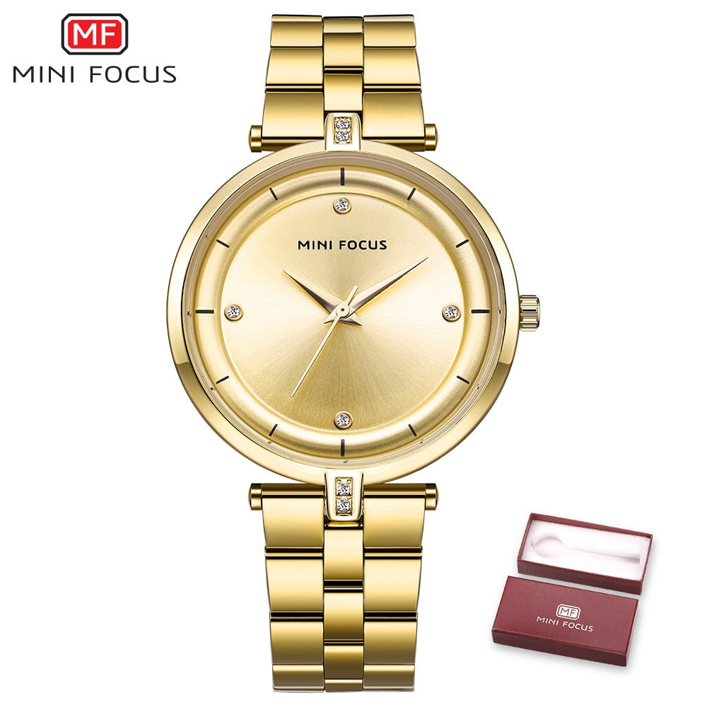 MINI FOCUS-Relojes de cuarzo de lujo para mujer, pulsera de acero inoxidable en color azul, dorado, negro y oro rosa, con ancho de banda de 18mm y resistente al agua