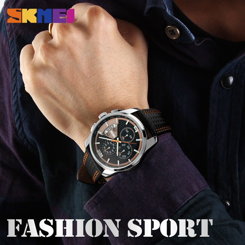 SKMEI Reloj Deportivo de Moda para Hombres, Marca de Lujo, Correa de Cuero, Resistente al Agua 5 Bar, Reloj de Pulsera de Cuarzo, Relogio Masculino 9106.