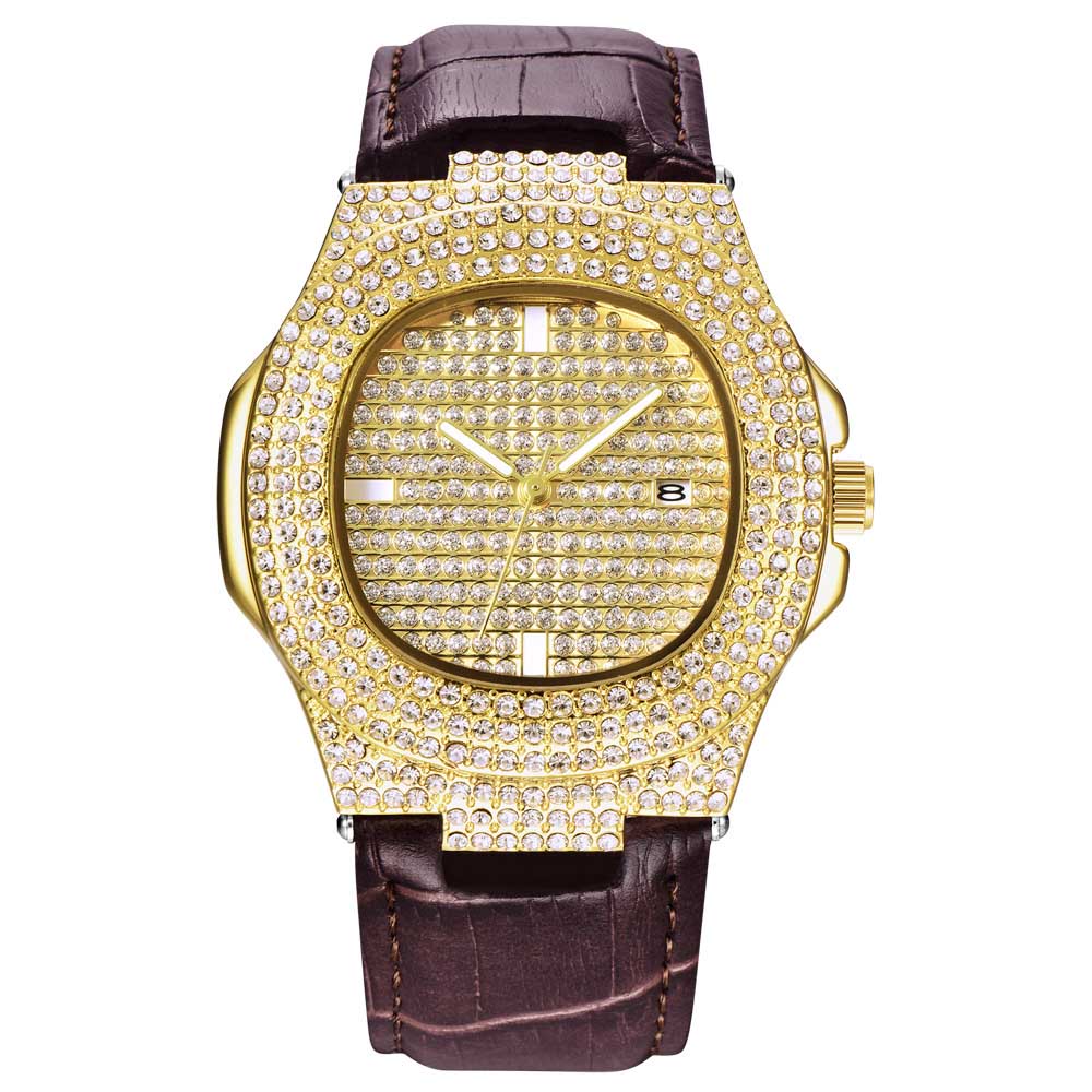 TOPGRILLZ con Incrustaciones en Cuadrante de Color Dorado, Estilo HIP HOP, Cuarzo y Acero Inoxidable con Micropave CZ. Reloj de Moda Relojio."