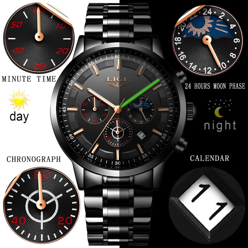 LIGE Moda Deporte Cuarzo Reloj Relojes Hombres Marca Superior Negocios Reloj Impermeable 💼🕶️ Relogio Masculino 💪🏼💦