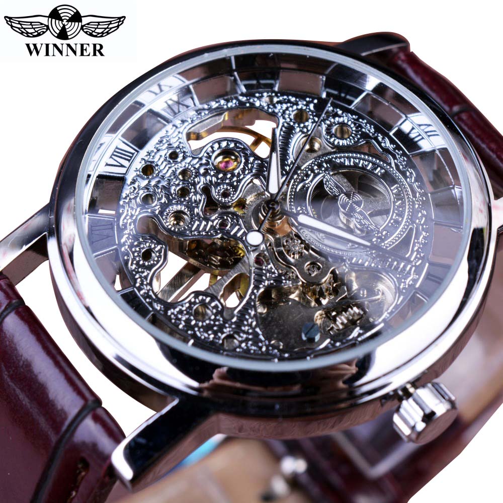 Winner ⌚  impresionante Reloj de Hombre con Caja Dorada Transparente, HERMOSA COLECCION Diseño Casual de Lujo y Correa de Cuero Marrón 🕶️ Reloj Mecánico Esqueleto de Marca Top de Lujo 🌟