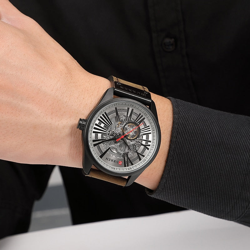 CURREN-reloj con mecanismo automático de Tourbillon para hombre, cronógrafo deportivo Masculino de cuero, con cuerda automática, nuevo