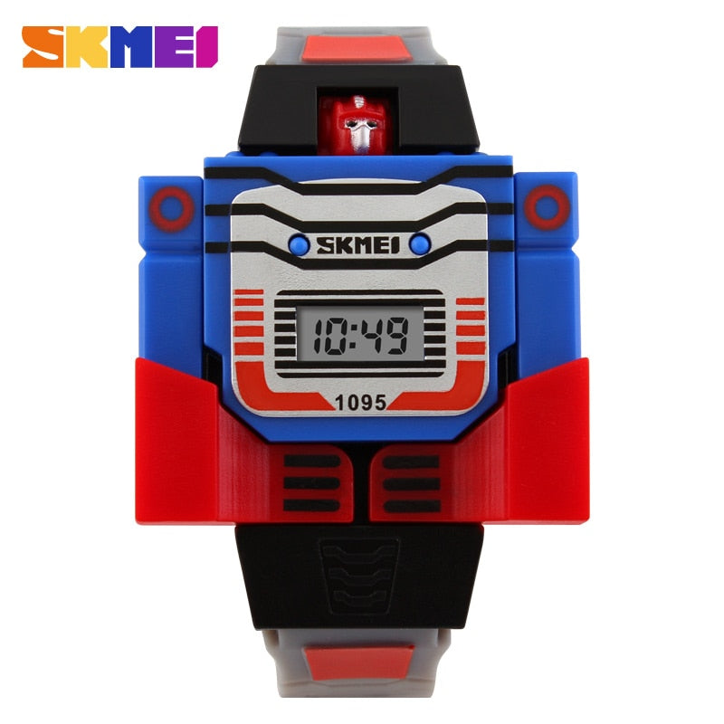 SKMEI para niños con diseño de caricaturas, LED y temática de robots transformables. Perfecto para los niños que les encantan los juguetes de transformación. Ideal para los pequeños entusiastas de los deportes. Modelo 1095 de la marca SKMEI.