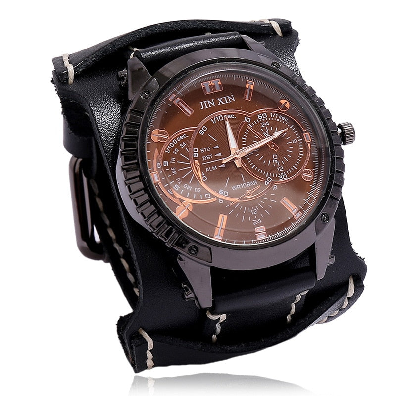 Relojes lujo hombres: cuarzo, dial grande, ver amplia, pulsera cuero, punk, deportiva, regalo.