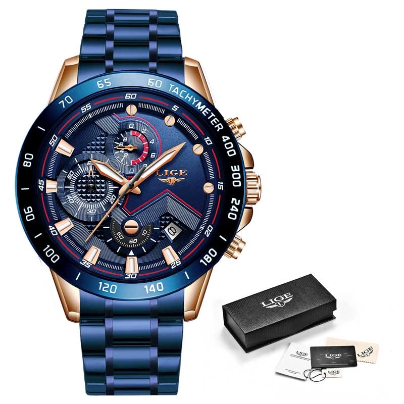 LIGE - 🕰️⌚💪 Reloj deportivo de lujo para hombres 💙💣👨  Cronógrafo de cuarzo y acero inoxidable ⏱️🔧💎  Color azul, estilo militar, a la moda 💙🎖️👨‍✈️  Resistente al agua 💧💦🌊