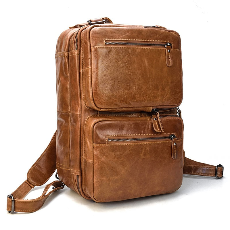 Crazy Horse Mochila De cuero genuino para ordenador porttil para hombre bolso de negocios de cuero de vaca de 3 capas