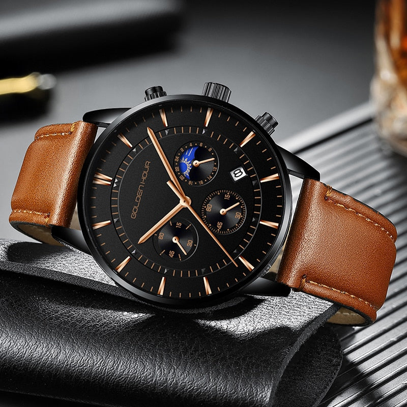 GOLDENHOUR-Reloj deportivo, cronógrafo cuarzo, de lujo, moda, cuero, resistente al agua