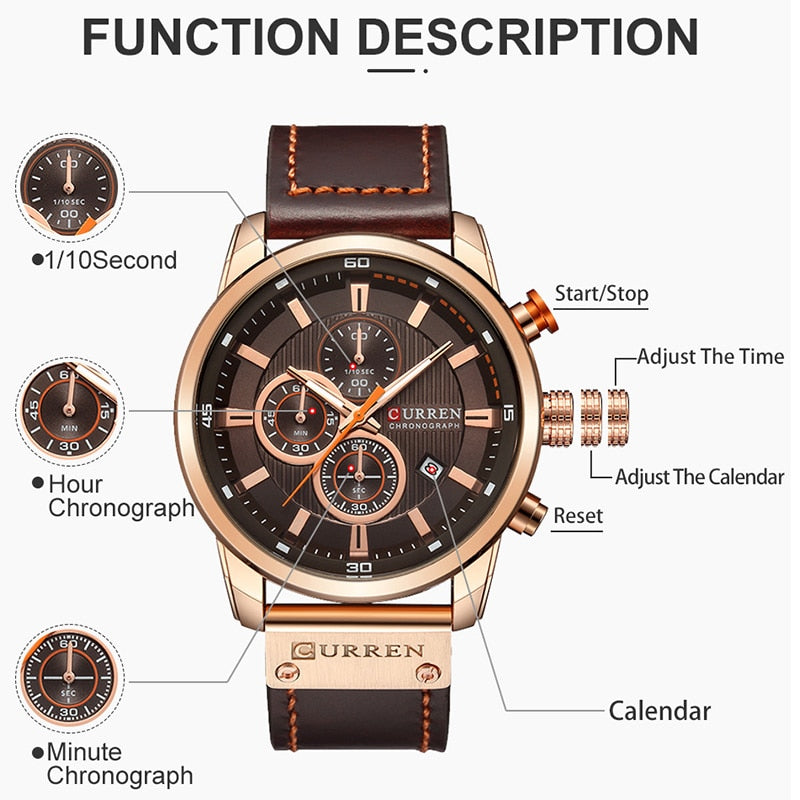CURREN COLECCION "Reloj de Pulsera para Hombres, Marca de Lujo Top, Cronógrafo, Reloj Deportivo Militar, CURREN. Movimiento de Cuarzo. Estilo Deportivo. Resistente al Agua." con caja opcional.