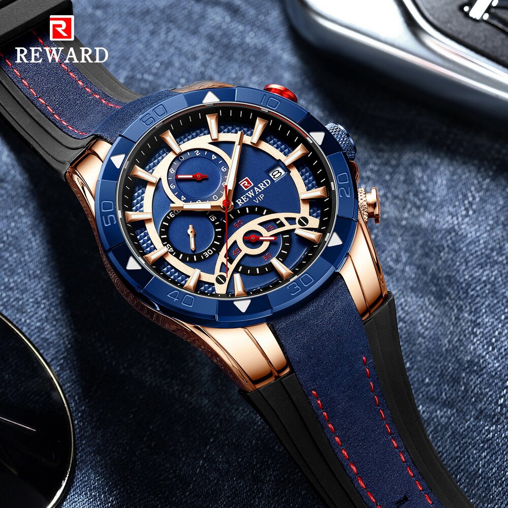 REWARD Fashion Blue Men Watches! ⌚️💦 Marca de lujo con cronógrafo, resistente al agua, y esfera grande. 💙🏆 Reloj de cuarzo deportivo para hombres, ¡novedad de 2023! 🆕👨‍🎤