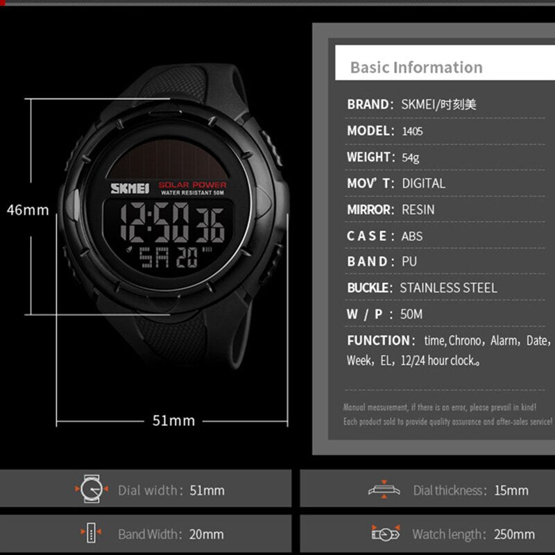 SKMEI Reloj deportivo para hombres SKMEI con energía solar, resistente al agua y con pantalla digital LED. Reloj de lujo de marca electrónica para hombres. Relogio Masculino.
