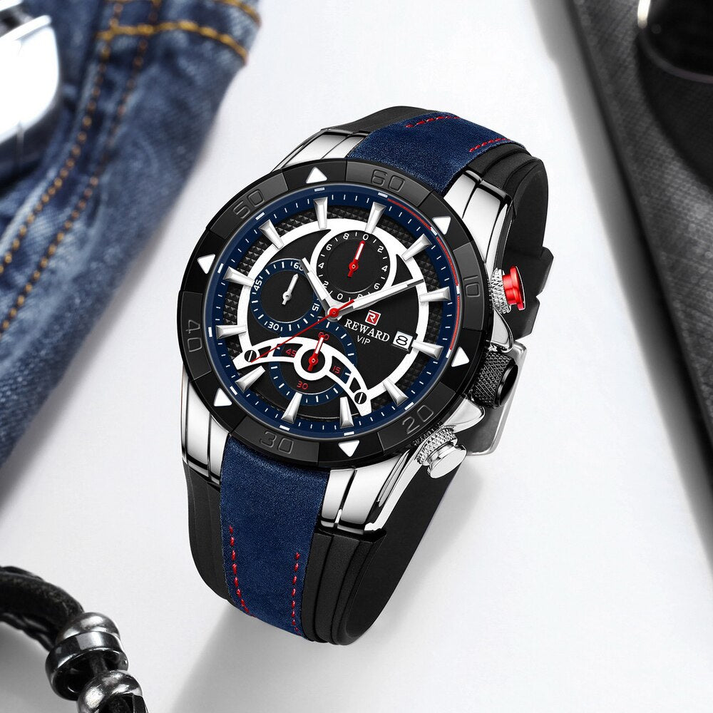 REWARD Fashion Blue Men Watches! ⌚️💦 Marca de lujo con cronógrafo, resistente al agua, y esfera grande. 💙🏆 Reloj de cuarzo deportivo para hombres, ¡novedad de 2023! 🆕👨‍🎤
