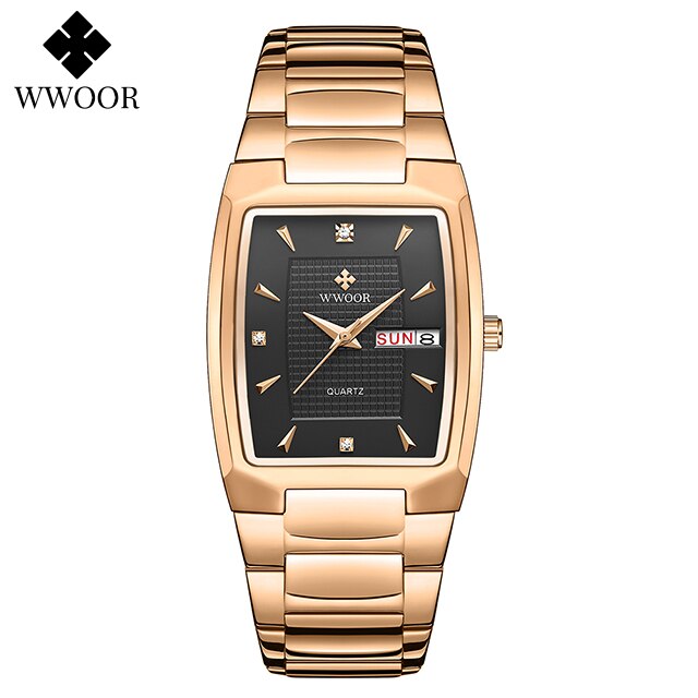 WWOOR ¡Presentamos el "Reloj Dorado de Lujo" para hombres con un nuevo diseño! Fabricado en acero inoxidable, es resistente al agua y cuenta con un calendario y mecanismo de cuarzo. ¡El complemento perfecto para cualquier ocasión! ⌚✨