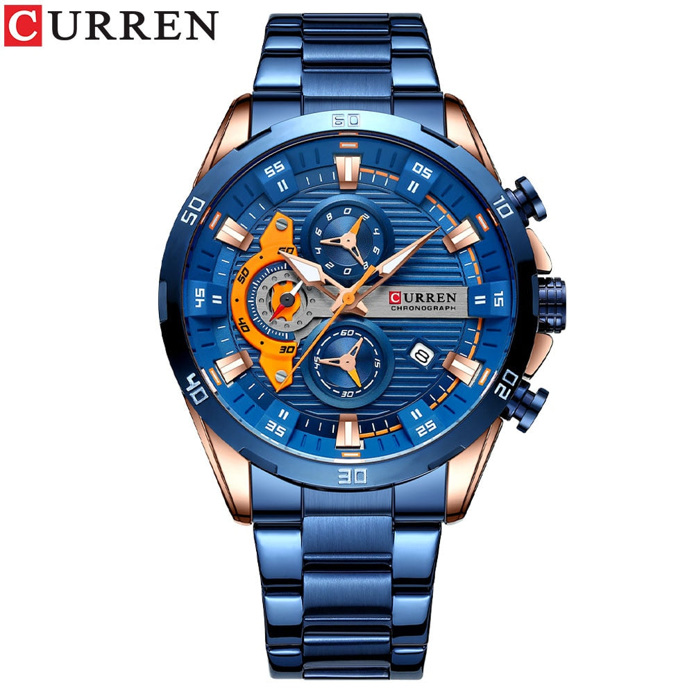 CURREN Sport Watch para hombre, cronógrafo cuarzo, agua resistente, lujo, acero inoxidable, luminoso.