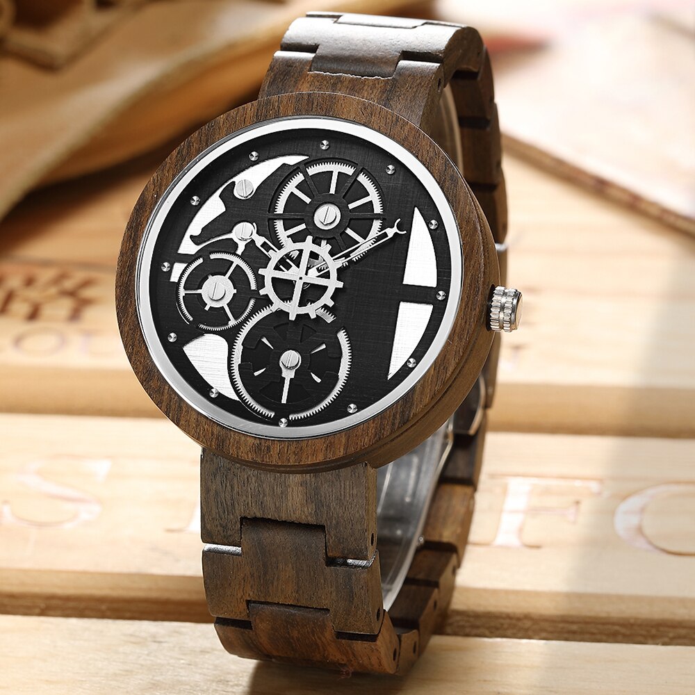 🕰️⌚️🎁 Reloj De Madera Wanlut para hombre, un impresionante cronógrafo De cuarzo con correa De Madera sólida. Su diseño creativo incorpora una única rueda De engranaje, que agrega un toque de ingenio y estilo a tu muñeca.