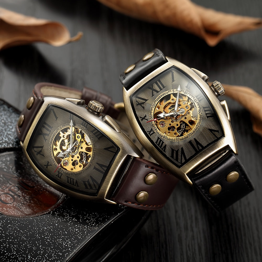 Geekthink Reloj Mecánico Automático Esqueleto Transparente para Hombres con Correa de Cuero Genuino, de Marca de Lujo, Auto Cuerda, Estilo Retro"