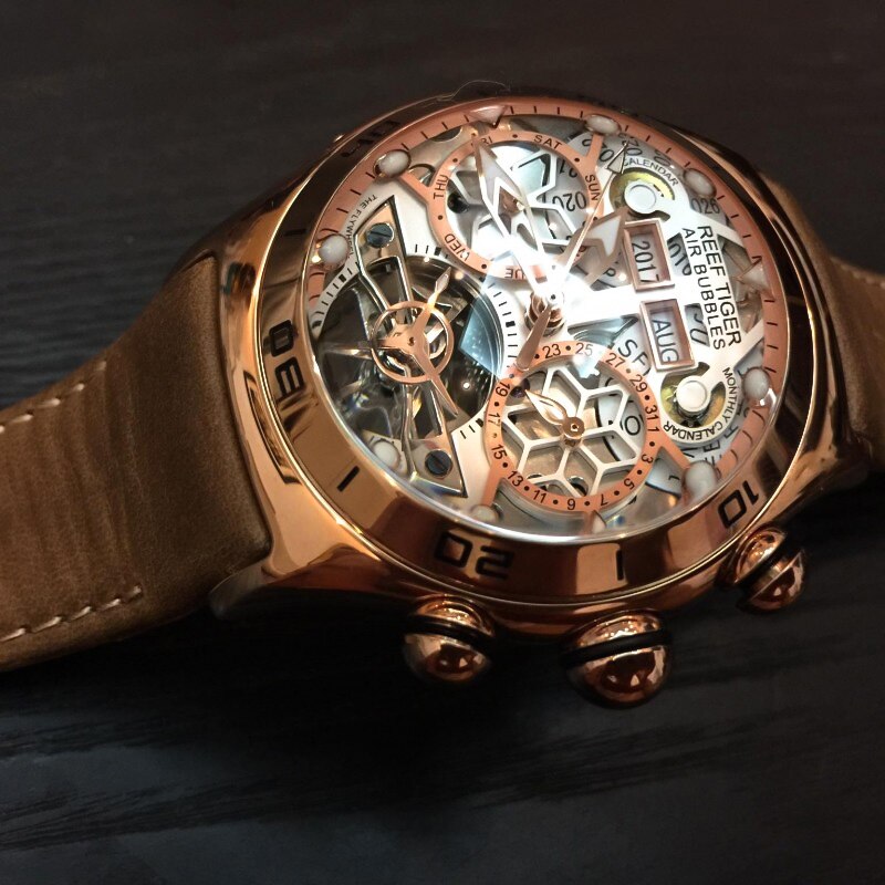Reef Tiger/RT Reloj Deportivo para Hombres, Reloj Esqueleto Luminoso Año Mes Fecha Día, Oro Rosa, Reloj Automático.