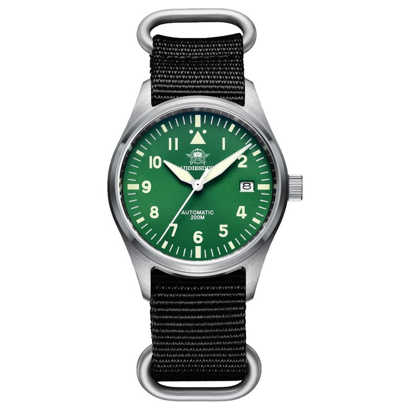 Addies Reloj de buceo mecánico para hombre, pulsera de cuero con cristal de zafiro, reloj de piloto de negocios, NH35, automático, resistente al agua hasta 200M