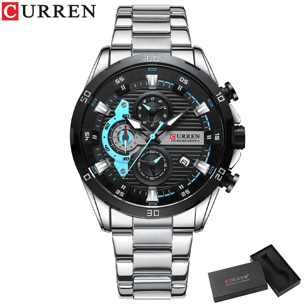 CURREN Sport Watch para hombre, cronógrafo cuarzo, agua resistente, lujo, acero inoxidable, luminoso.