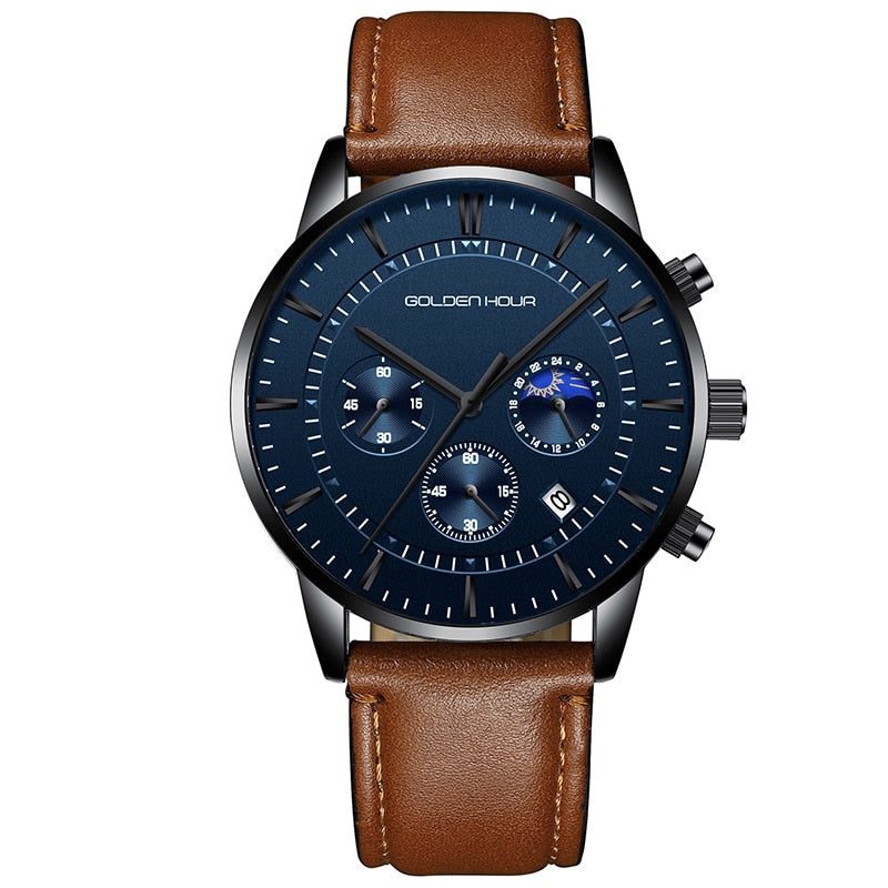 GOLDENHOUR-Reloj deportivo, cronógrafo cuarzo, de lujo, moda, cuero, resistente al agua