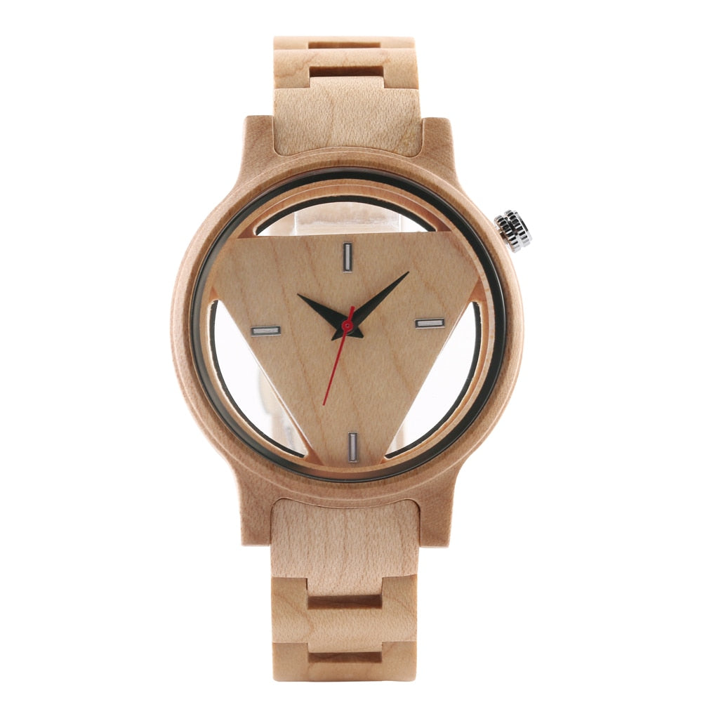 WOOD watch ¡Reloj de Madera Único con Triángulo Geométrico Invertido! Reloj de cuarzo de madera con esfera creativa y hueca. ¡Un diseño original y moderno para hombres! ⌚🔲🌳