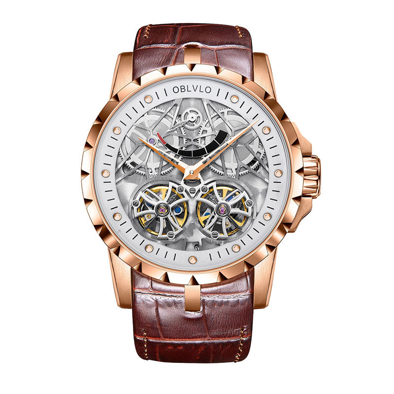 OBLVLO lujo transparente hueco esqueleto relojes automáticos para hombres deporte mecánico doble volante piel de becerro cuero zafiro