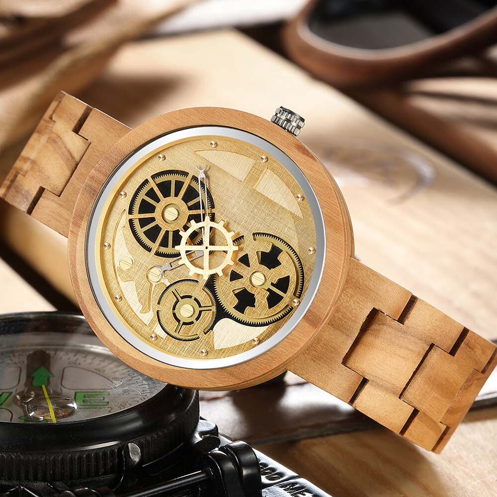 🕰️⌚️🎁 Reloj De Madera Wanlut para hombre, un impresionante cronógrafo De cuarzo con correa De Madera sólida. Su diseño creativo incorpora una única rueda De engranaje, que agrega un toque de ingenio y estilo a tu muñeca.