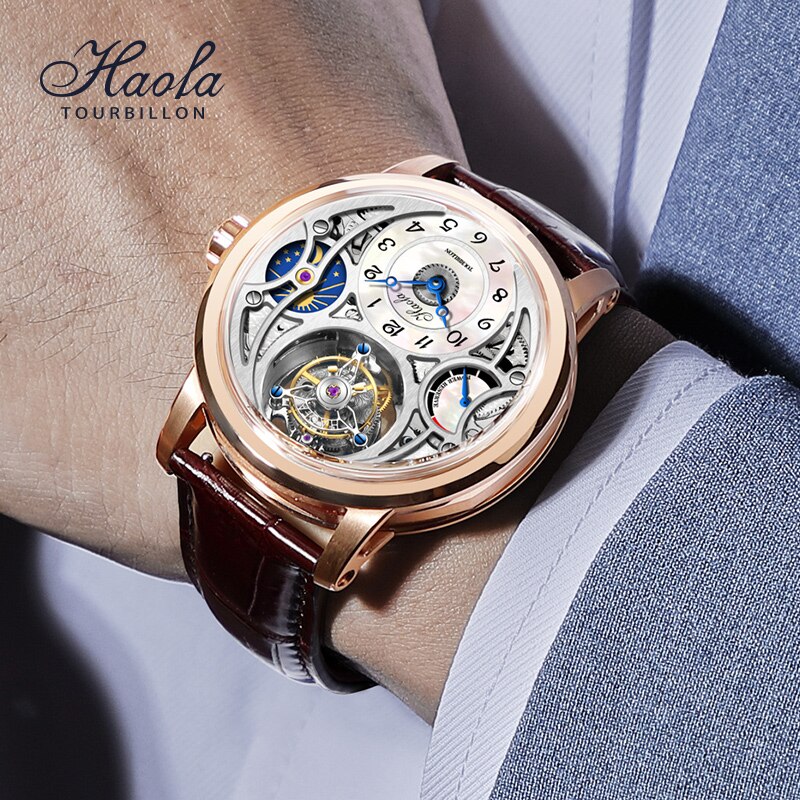 Haofa-Reloj de pulsera con movimiento Manual Tourbillon para hombre, accesorio masculino con mecanismo de Tourbillon a las 12 en punto, mecanismo mecánico de zafiro Moonphase