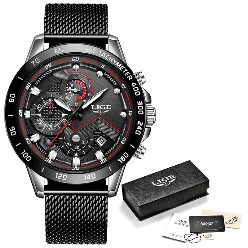 LIGE - 🕰️⌚💪 Reloj deportivo de lujo para hombres 💙💣👨  Cronógrafo de cuarzo y acero inoxidable ⏱️🔧💎  Color azul, estilo militar, a la moda 💙🎖️👨‍✈️  Resistente al agua 💧💦🌊