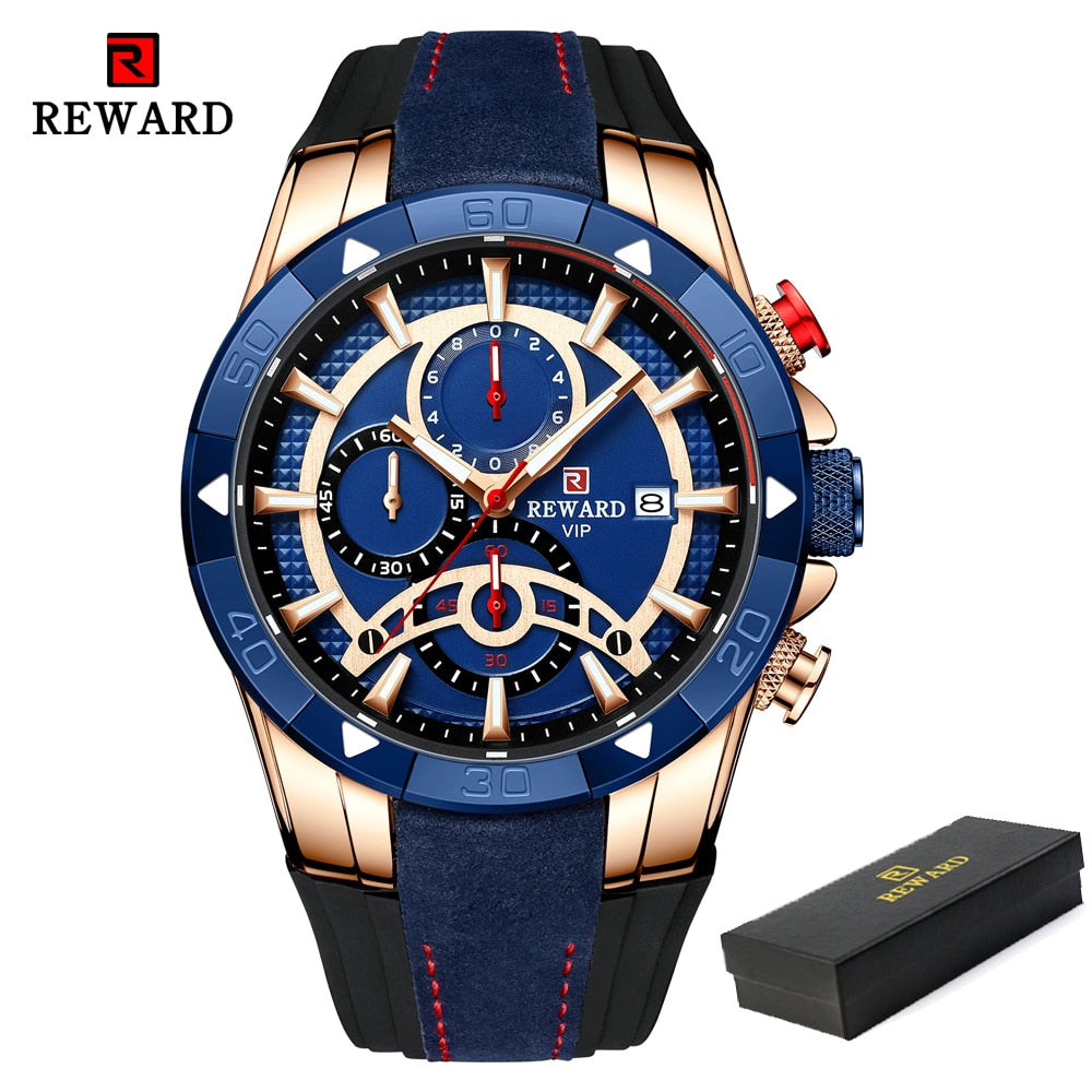 REWARD Fashion Blue Men Watches! ⌚️💦 Marca de lujo con cronógrafo, resistente al agua, y esfera grande. 💙🏆 Reloj de cuarzo deportivo para hombres, ¡novedad de 2023! 🆕👨‍🎤