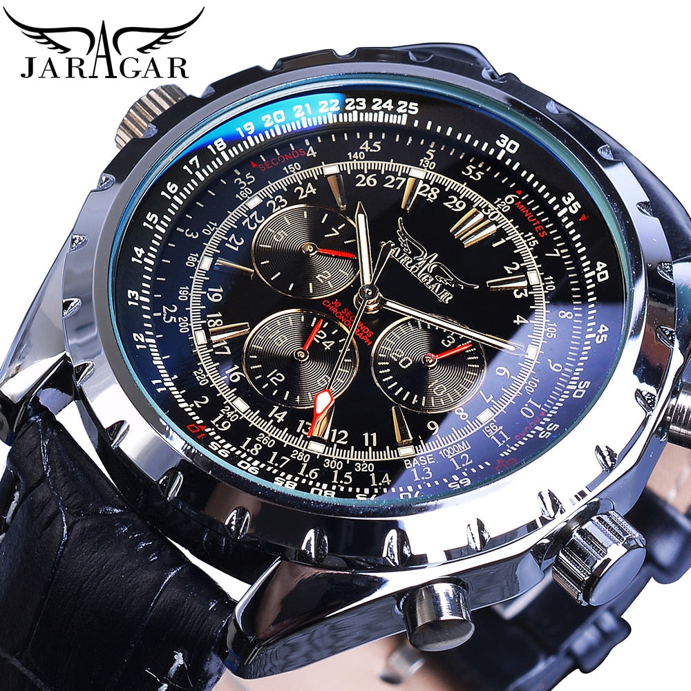 Jaragar Reloj Mecánico Automático con Calendario Deportivo Diseño de Piloto Reloj de Pulsera para Hombres Marca de Lujo Top Moda Cuero Masculino 👨‍✈️