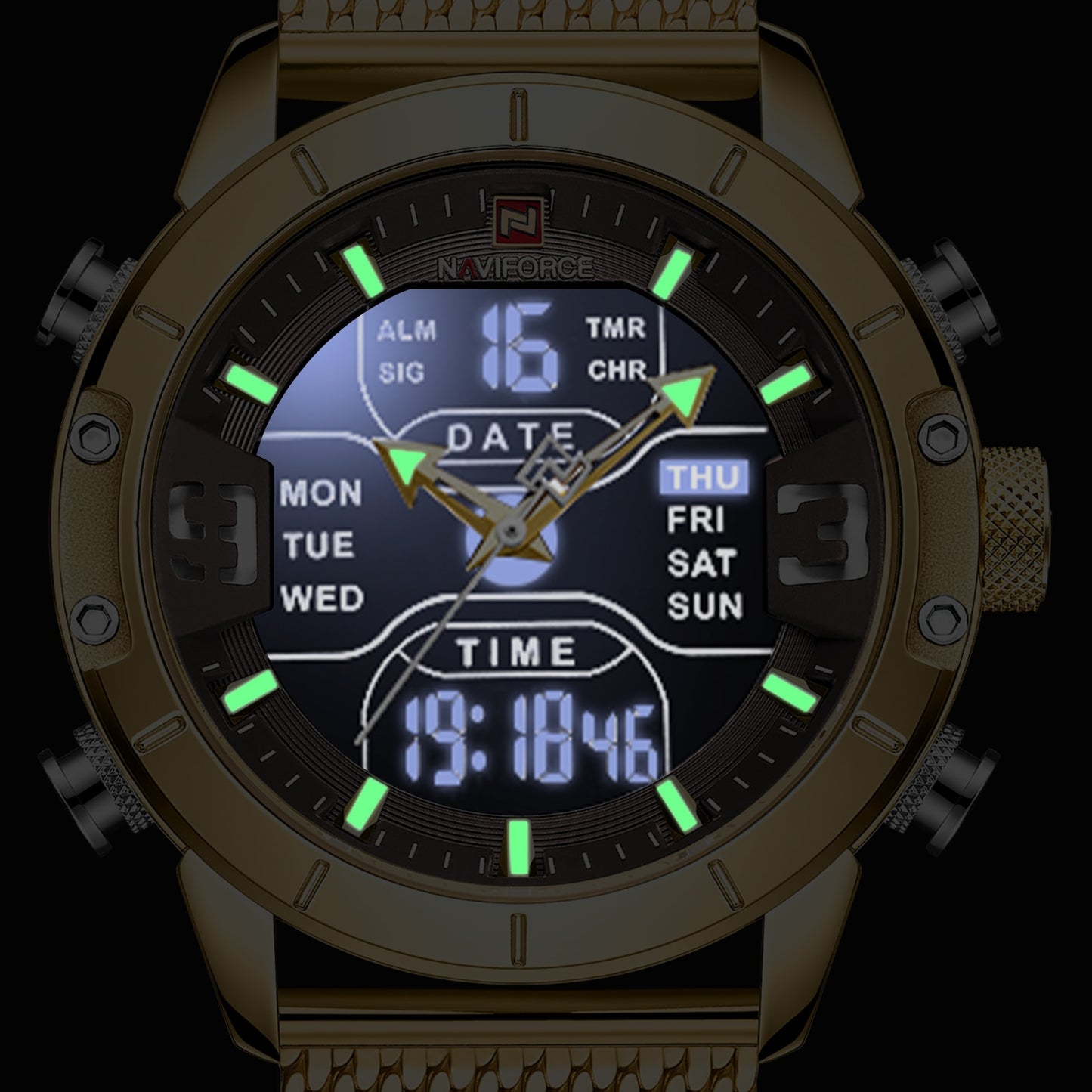 NAVIFORCE – reloj para hombres, cronógrafo de cuarzo, deportivo, militar, digital, LED, de acero inoxidable, masculino