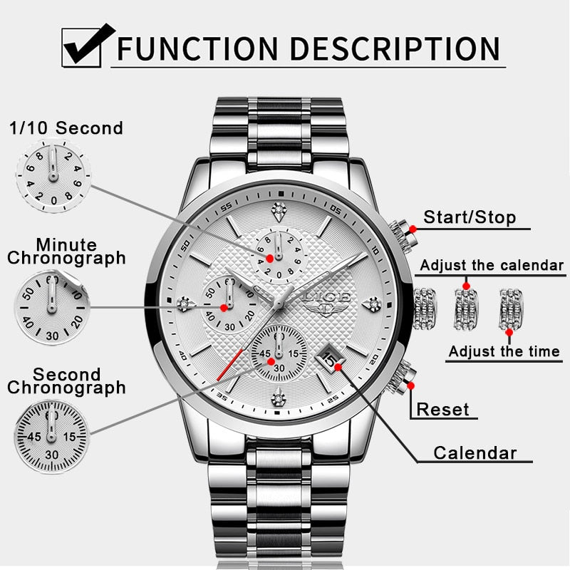 LIGE 🆕⌚️ Reloj para hombres 2022, de lujo y deportivo. Cuenta con cronógrafo, resistente al agua y correa de acero inoxidable. ¡Perfecto para el hombre moderno! 💼🏅