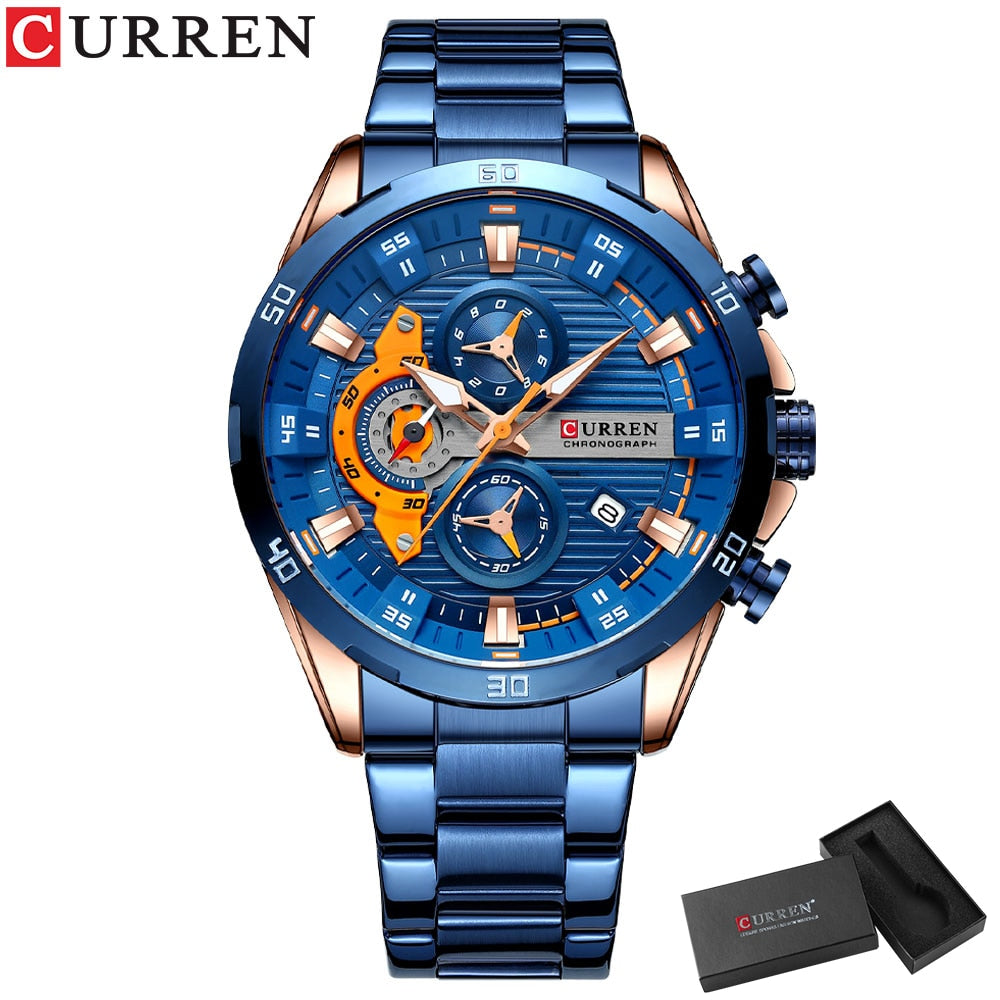 CURREN Sport Watch para hombre, cronógrafo cuarzo, agua resistente, lujo, acero inoxidable, luminoso.