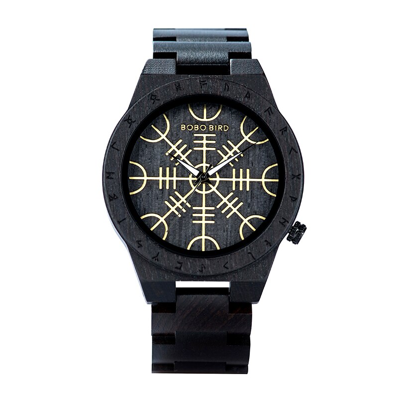 BOBO BIRD- COLECCION RUNA NORDICA  Reloj de pulsera de madera para hombre, cronógrafo de cuarzo con círculo rúnico, timón dorado, Vegvisir, a la moda, gran caja de regalo