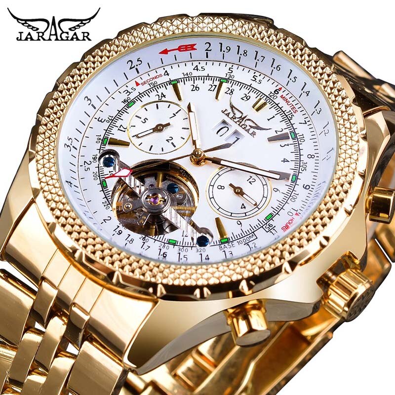 Jaragar 2017 – reloj con esfera dorada con bisel dorado para hombres, diseño de esfera de acero inoxidable, mecánico, automático, masculino