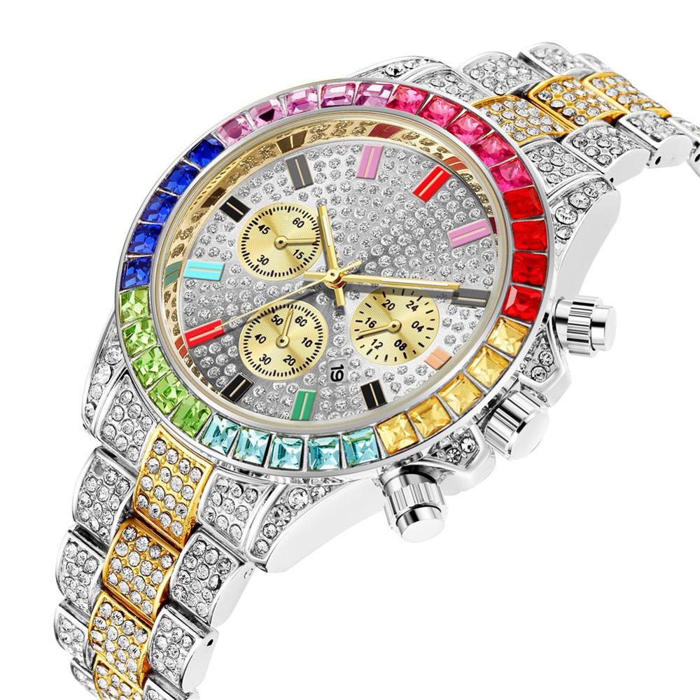 Reloj de cuarzo cuadrado para hombre, cronógrafo de lujo, resistente al agua, con diamantes de colores