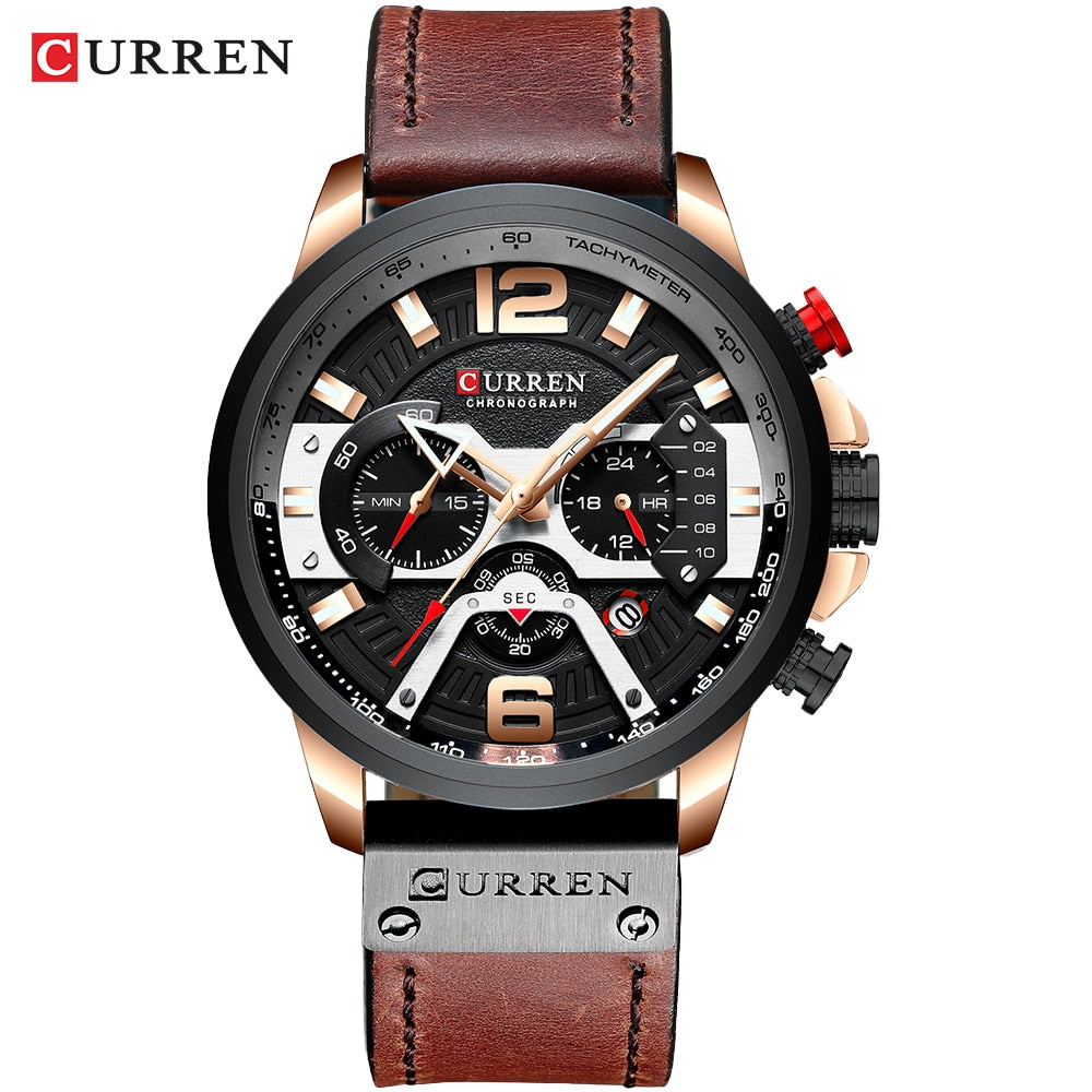 CURREN-relojes para hombre, con estilo informal y militar de lujo, cuenta con un cronógrafo de moda con correa de cuero. Con Caja ideal para regalar.