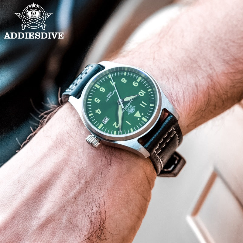 Addies Reloj de buceo mecánico para hombre, pulsera de cuero con cristal de zafiro, reloj de piloto de negocios, NH35, automático, resistente al agua hasta 200M