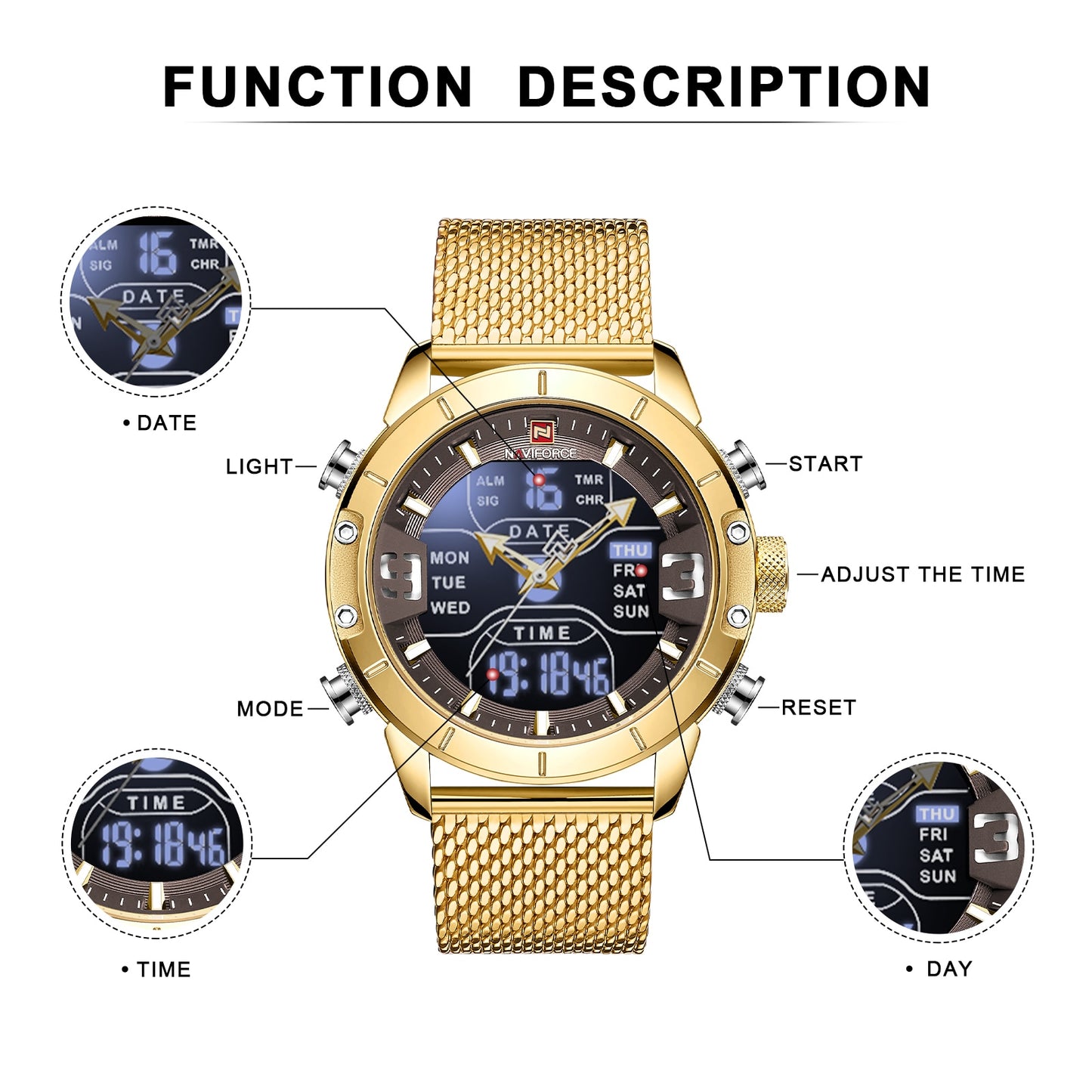 NAVIFORCE – reloj para hombres, cronógrafo de cuarzo, deportivo, militar, digital, LED, de acero inoxidable, masculino