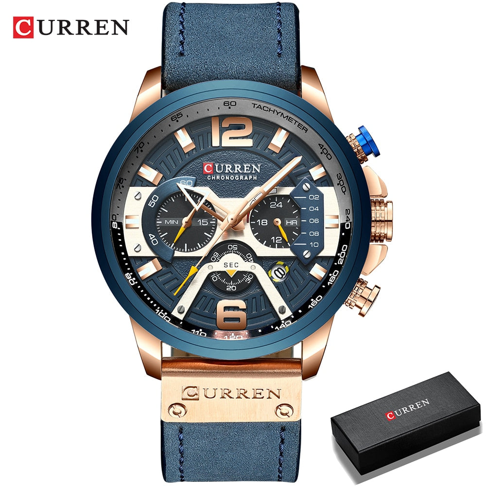 CURREN-relojes para hombre, con estilo informal y militar de lujo, cuenta con un cronógrafo de moda con correa de cuero. Con Caja ideal para regalar.