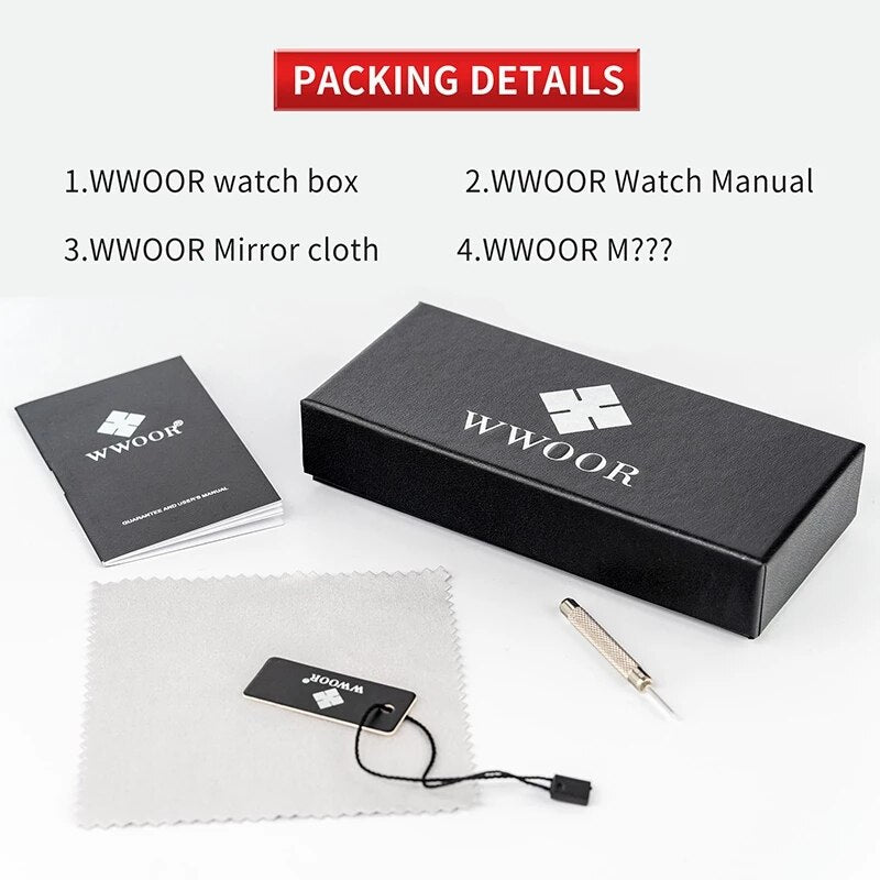 WWOOR ¡Presentamos el "Reloj Dorado de Lujo" para hombres con un nuevo diseño! Fabricado en acero inoxidable, es resistente al agua y cuenta con un calendario y mecanismo de cuarzo. ¡El complemento perfecto para cualquier ocasión! ⌚✨