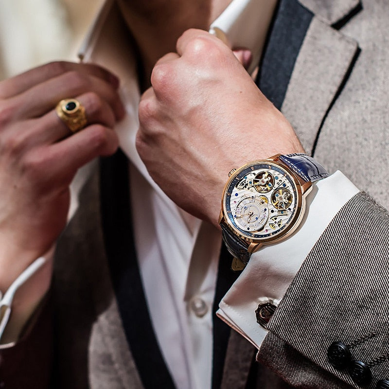 JINLERY Reloj de pulsera automtico para hombre crongrafo mecnico de lujo con doble volante a la moda MasculinoRelojes mecnicos -