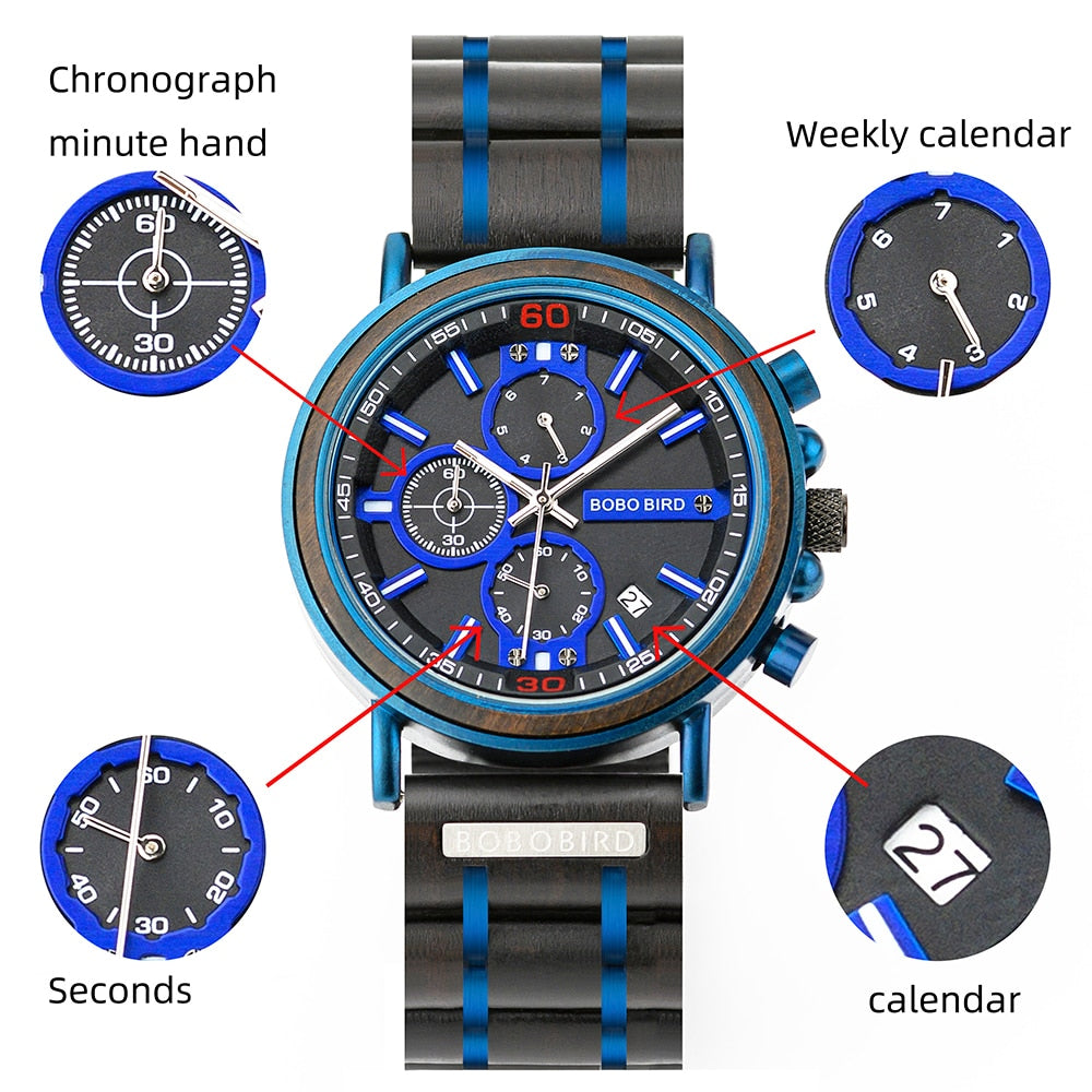 Bobo Bird-🌳reloj de cuarzo para hombre, cronógrafo de pulsera luminoso,
