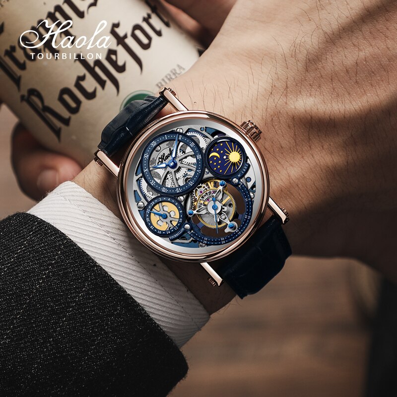 Haofa-Reloj de pulsera con movimiento Tourbillon para hombre, cronógrafo mecánico de zafiro, Tourbillon, día y noche, 1601
