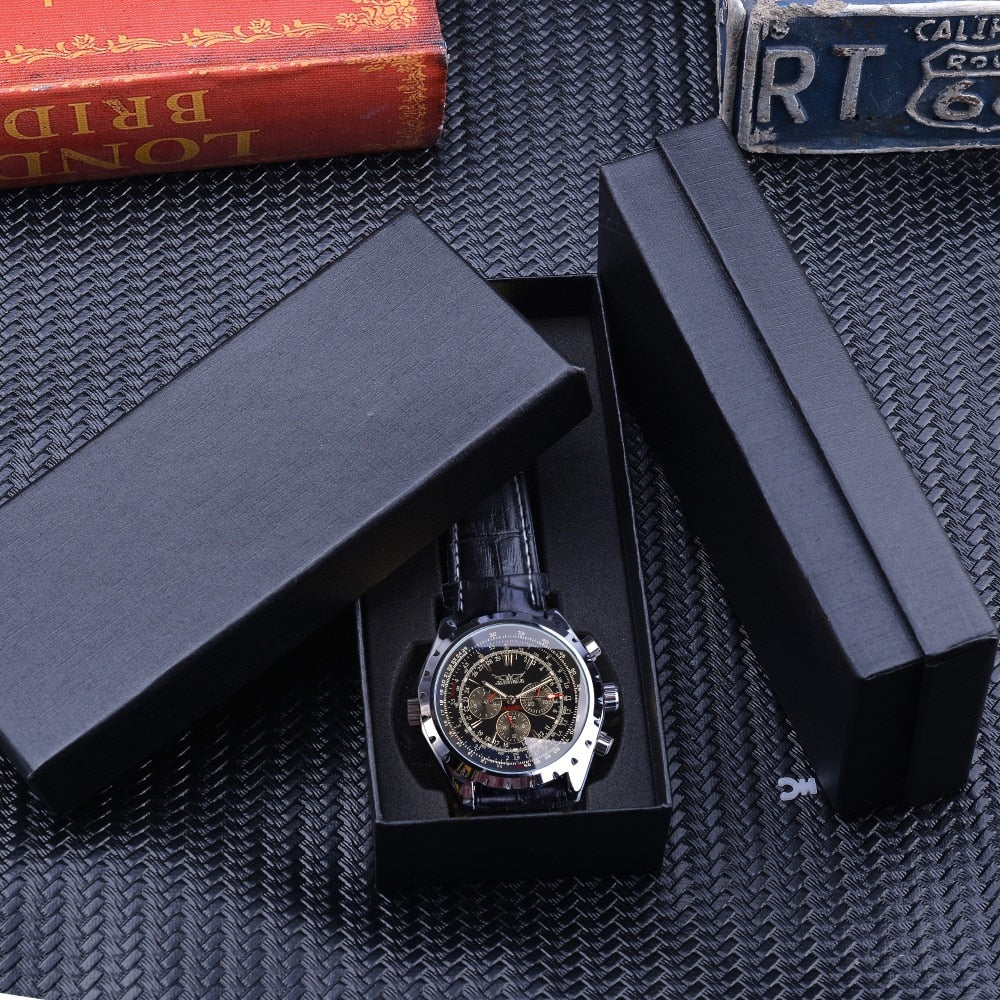 Jaragar Reloj Mecánico Automático con Calendario Deportivo Diseño de Piloto Reloj de Pulsera para Hombres Marca de Lujo Top Moda Cuero Masculino 👨‍✈️
