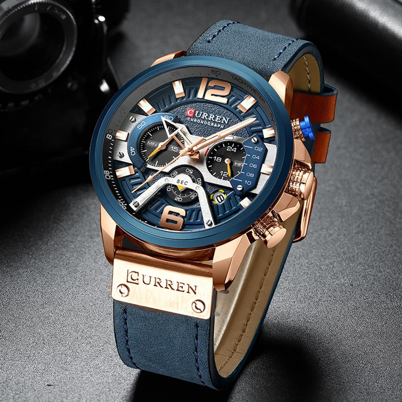 CURREN-relojes para hombre, con estilo informal y militar de lujo, cuenta con un cronógrafo de moda con correa de cuero. Con Caja ideal para regalar.