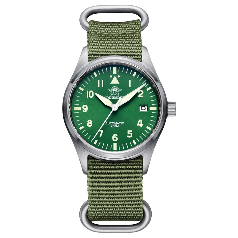 Addies Reloj de buceo mecánico para hombre, pulsera de cuero con cristal de zafiro, reloj de piloto de negocios, NH35, automático, resistente al agua hasta 200M